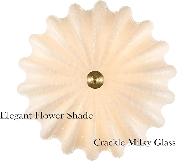 Modern Gold Milky Crackle Glass Semi Flush Mount Ceiling Light | Flower Scalloped Shade 3-Light Brushed Brass Ceiling Light for Bedroom Entryway Living Room