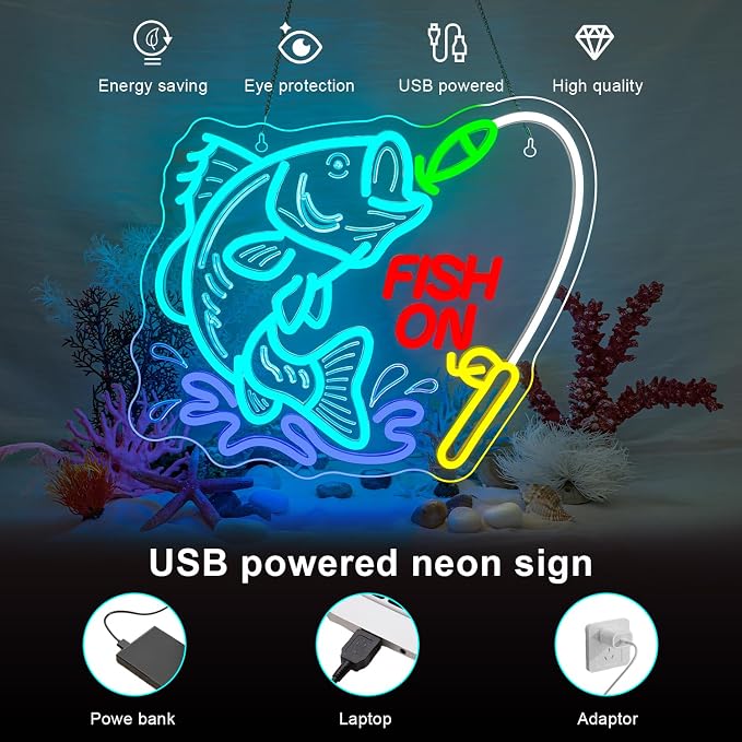 Fish On Neon Sign Dimmable Fish Neon Light for Wall Decor LED USB Powered Fishing Hook Lights for Bedroom Living Room Man Cave Yacht Fishing Art Decor fot Teens Boy Men Gifts
