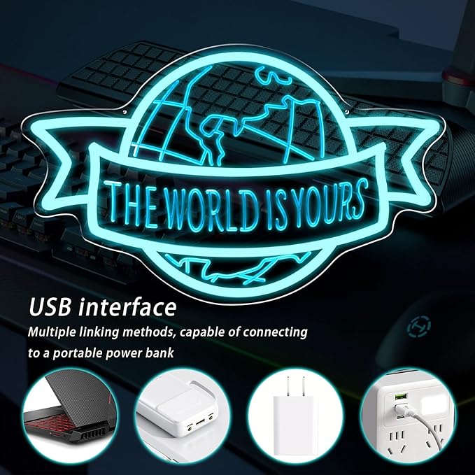 The World Is Yours Neon Sign Motivational Blue LED Neon Light for Classroom, Bedroom Man Cave Wall Decor Dimmable, Unique Birthday Christmas Gift for Kids, Teens, Adults