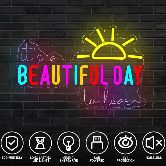 It's A Beautiful Day to Learn Neon Sign Classroom Neon Light for Library USB Powered Reading LED Signs for Classroom Reading Corner Colorful Study Noen Wall Art for Kids Teacher Beautiful Day Gifts for Back to School