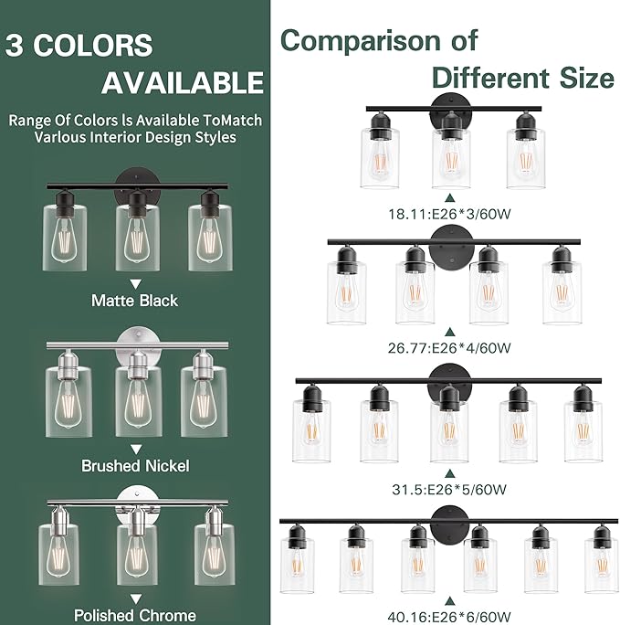 Espird Bathroom Vanity Light Fixtures Matte Black Bathroom Lighting Fixture, 5 Lights Bathroom Light Fixture Over Mirror, Modern Black Vanity Light, Wall Sconces with Glass Shades