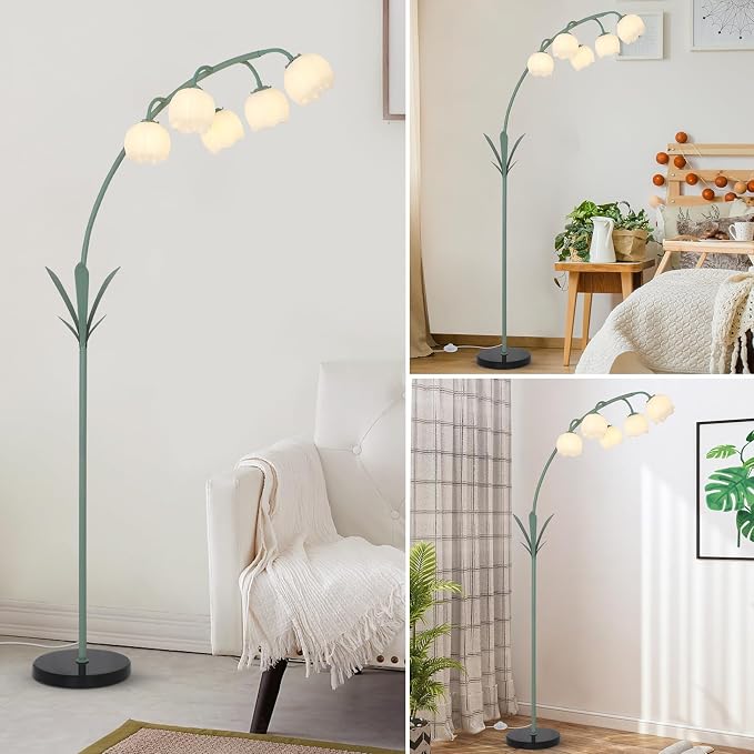 HMVPL Arc Floor Lamp for Living Room, Flower Floor Lamp with 5 G9 LED Bulbs, Foot Switch, Green Floral Standing Lamp with Acrylic Shade, Curved Tall Lamp for Living Room Bedroom Corner Kids Reading