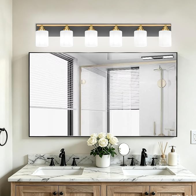 Black and Gold Bathroom Light Fixture, Modern 6 Light Vanity Lights for Bathroom Lighting Fixtures Over Mirror, White Glass Lampshade, Master & Guest bathrooms Bathroom Remodel, 43-inch