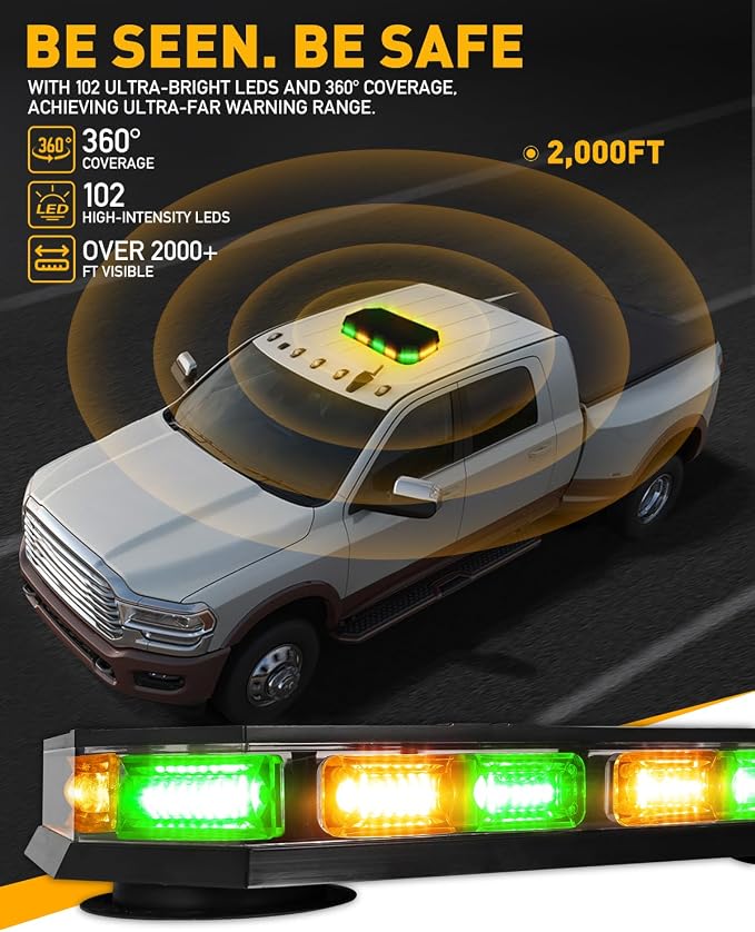 HLauto 406D Rooftop Emergency Strobe Lights Bar, 102 LED Amber Green Mini Beacon Safety Flashing Warning Traffic Lights Bar w/Magnetic Base for 12-24V Trucks, Construction Vehicles, Snowplow, Cars