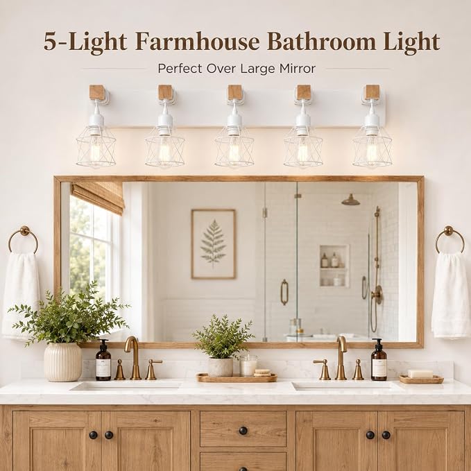 Farmhouse Vanity Light Fixture,5-Light Bathroom Lighting,White Modern Wood Wall Light Over Mirror with Metal Shade,LED Bulbs Not Included