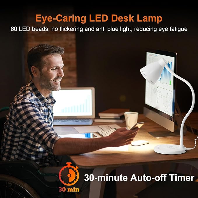 BOHON LED Desk Lamp for Home Office with USB C Charging Wireless Charger | 5 Colors, Stepless Dimming Desk Light Timer Reading Light Touch Bedside Table Lamp for College Dorm Room