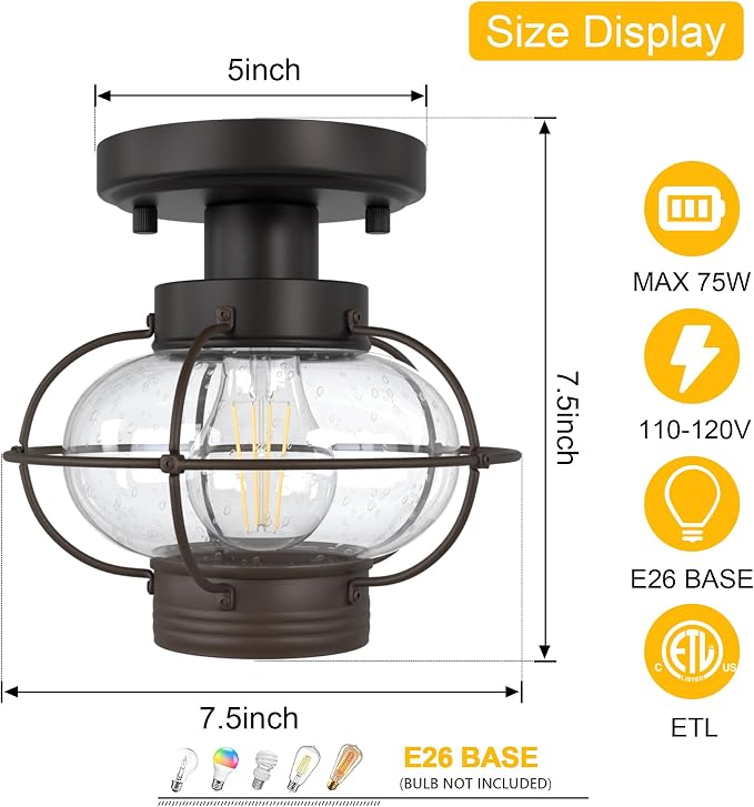 Porch Ceiling Light, Farmhouse Industrial Flush Mount, Glass Globe E26 | Indoor & Outdoor Use. For Hallway, Bedroom, Balcony, Stairway. Metal Build. Hardware Included. Easy Install.