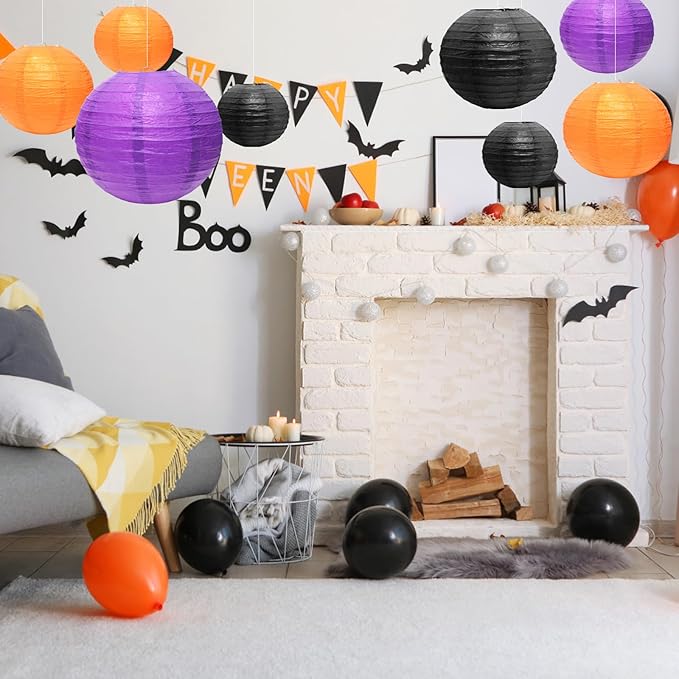 21 Pcs Paper Lanterns Party Decorations, 4/6/8/10 Inch Orange Black Purple Hanging Paper Lanterns for Halloween Decorations, Horror Party, Spooky Home Ceiling Decor Indoor Outdoor