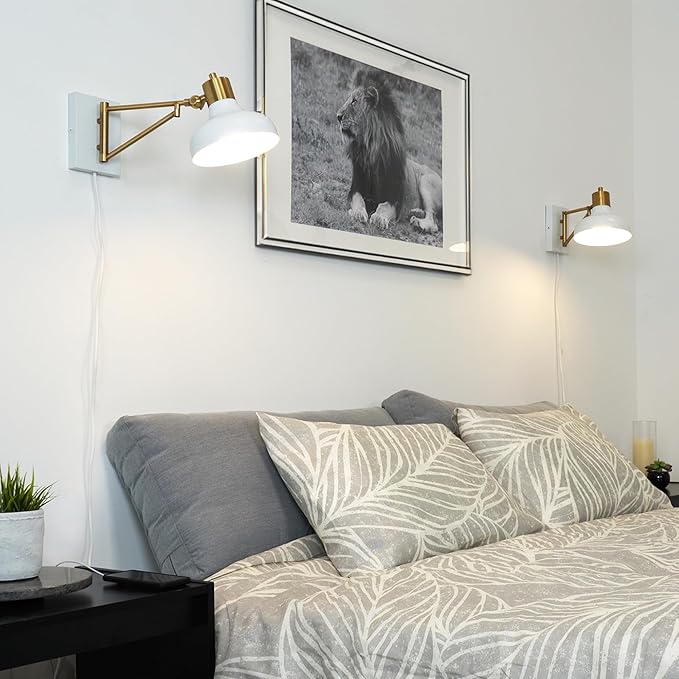 Globe Electric 51344 1-Light Plug-in or Hardwire Swing Arm Wall Sconce, White, Brass Accents, White-Cloth Cord, Mounted Bedside Lamp, Kitchen Sconces Wall-Lighting, Bulb Not Included