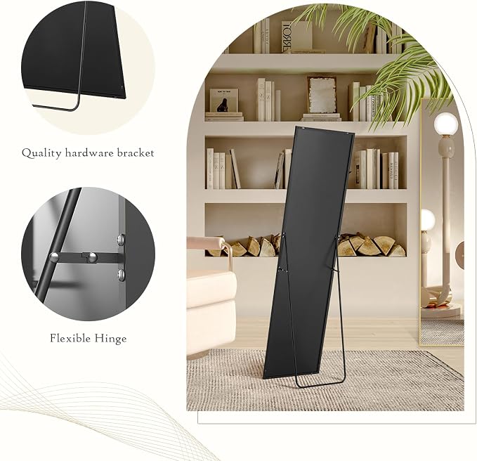 Full Length Floor Mirror, 16"x59" Body Wall Mirror with Stand | Shatter-Proof Nano Glass, Tall Standing, Hanging or Leaning, Aluminum Alloy Frame for Bedroom, Modern Home Decor, Black