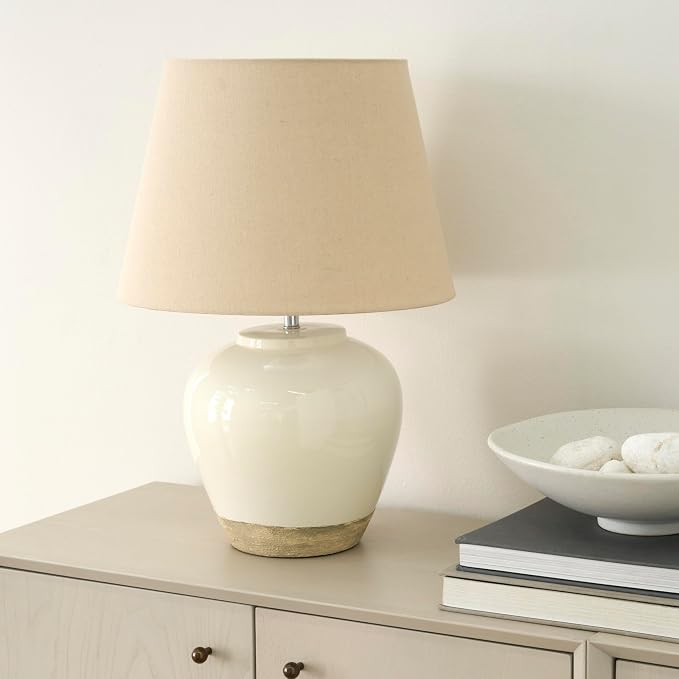 Nourison Home 20" Two-Tone White and Tan Glossy Ceramic Table Lamp, Bedside Nightstand Lamp with Warm Beige Shade for Bedroom, Living Room, Entryway