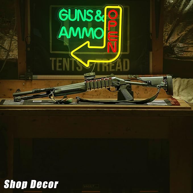 Open Neon Sign - Guns Ammo Store LED Light for Wall Decor Dimmable Gun Signs Lamp for Gun Store, Ammo Shop, Shooting Range Bright Green & Red Lighting for Shop Entrance(12.6 * 12.5inch)