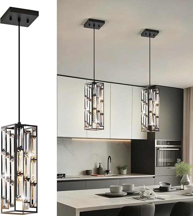 Black Pendant Lights, Modern Pendant Light Kitchen Island, 2 Pack Mini Crystal Chandeliers for Dining Room Bedroom Foyer Hallway