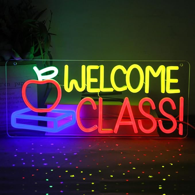 Welcome Class Neon Sign Apple Book LED Sign Back to School Classroom Decor | Dimmable Light Up Signs, Student Classroom Neon Light, Colorful Wall Sign, Acrylic Night Light, School Opens Party Decoration
