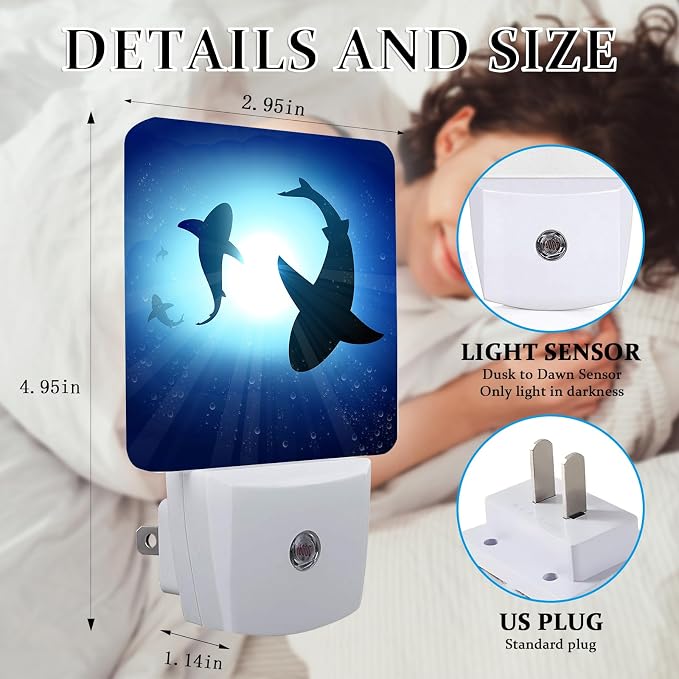 Blue Cute Shark Night Light, Plug-into Wall Fish Sea Ocean Theme Nightlight Lamp with Dusk to Dawn Sensor, Led Lamp 0.5W Energy Efficient for Boys Girls Adults Home Decor