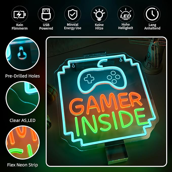Gamer Inside Neon Sign Game Controller LED Sign for Gaming Room Decor Best Gamer Gifts for Boys Kids Game Neon Sign for Teen Boy Room Decor