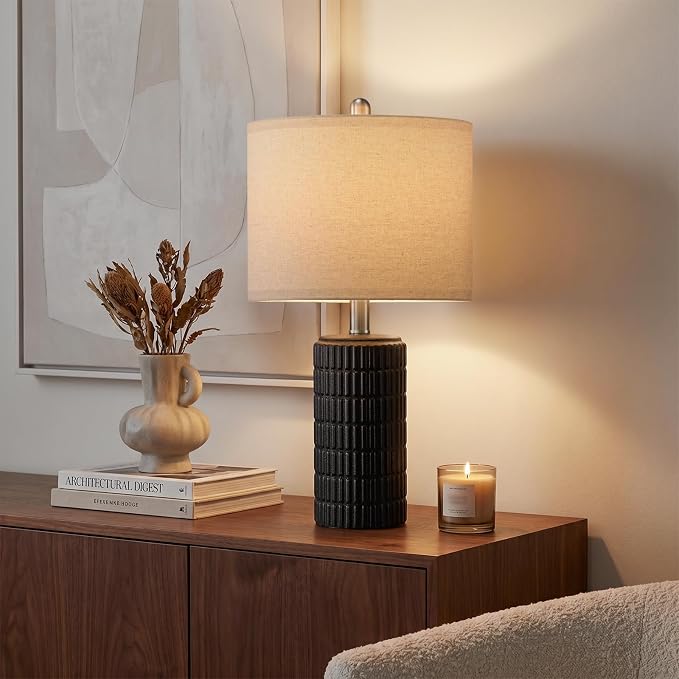 PoKat 21'' Black Table Lamp with Gift Box, Small for Bedroom, Stone-Like | Farmhouse Bedside Lamp for Nightstands, Matte-Textured Ceramic Design, Ideal Gift, Modern Home Decor for Living Room Hallway