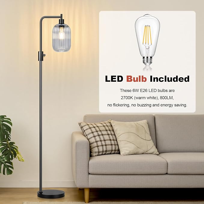 【Upgraded】 Dimmable Floor Lamp for Living Room with Gray Ribbed Glass Lampshade, Black Modern Floor Lamp with 900LM LED Bulb Included, Arc Standing Tall Lamp for Bedroom, Office, Reading Room, Corner