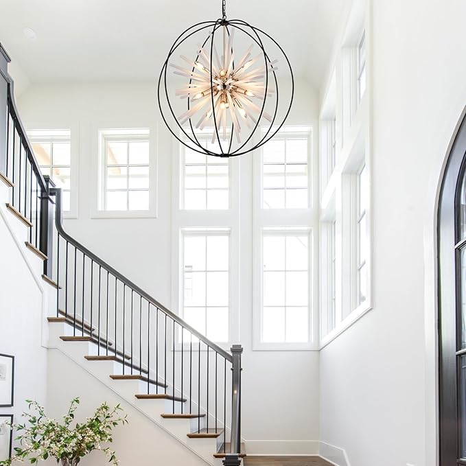 31.5" Black Gold Large Globe Sputnik Chandelier, 16-Light Mid Century Modern Industrial Starburst Golden Satellite Light Fixture for High Ceiling Living Room Dining Room Foyer Stairway,E12