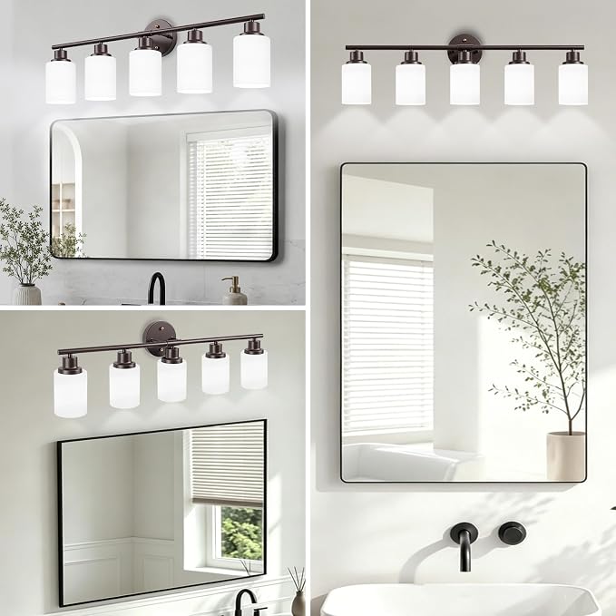 5-Light Bathroom Light Fixtures, Vanity Lights for Mirror with Textured Milky White Glass Shade, Modern Kitchen Light Fixtures Wall Sconce Light - E26 Base - Oil-Rubbed Bronze