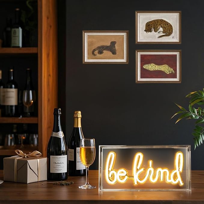 Be Kind Neon Sign, USB Powered LED Neon Light Box with ON/OFF Switch, 3D Acrylic Tabletop and Wall Decor for Girls Room, Bedroom, Classroom, Dorm, Home Office, Shelf, Christmas Birthday Gift (Warm White)