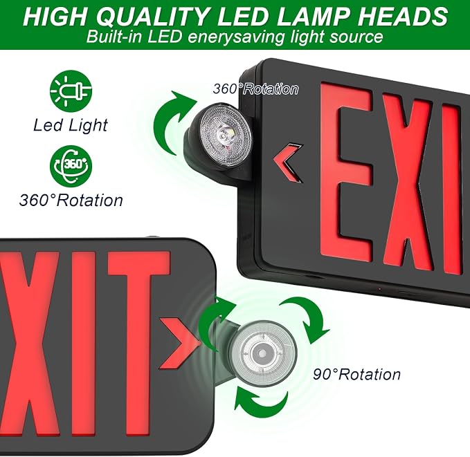 LED Exit Sign with Emergency Lights Dual LED Exit Light,Battery Backup | Two Bright LED Adjustable Heads Emergency Exit Lights, Hardwired Dual LED Combo Exit Lamp. ABS Fire Resistance UL, Red