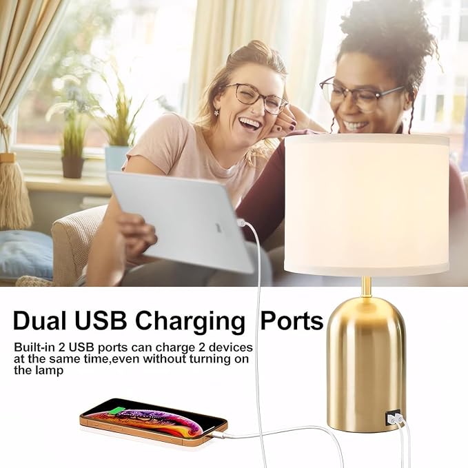 Bedside Lamp with USB Port, Touch Control Table Lamp for Bedroom, Dimmable Modern Nightstand Lamp with Fabric Shade Gold Base for Living Room, Dorm, Home Office, LED Bulb Included