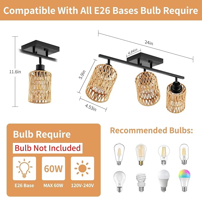 3-Light Rattan Ceiling Lighting Kits Track Lighting Fixture with Boho Farmhouse Style, Modern Bathroom Light Fixtures Black Spotlight and Rattan Shades for Kitchen Bathroom Living Room Hallway