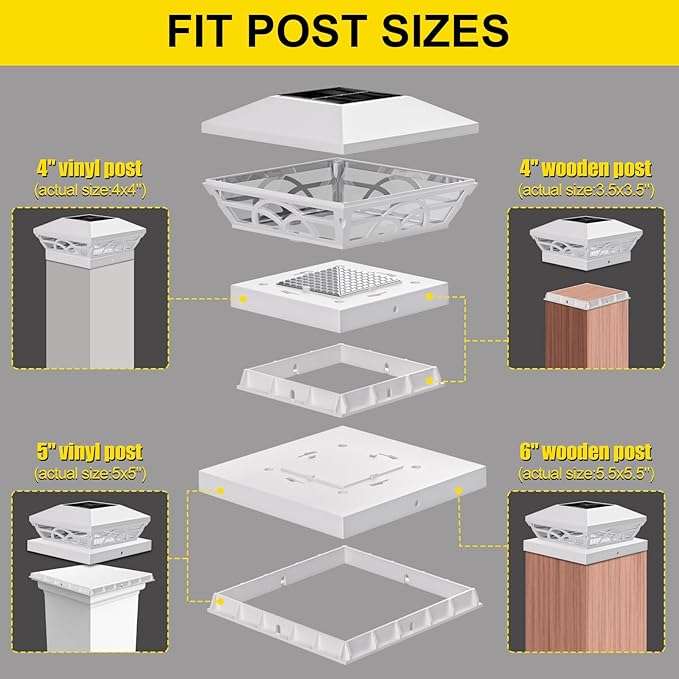 T-SUN Solar Post Cap Lights 6 Pack – Outdoor Waterproof RGB Color Changing Light for 3.5x3.5 4x4 5x5 5.5x5.5 Wood/Vinyl Fence Posts, Solar Deck Lights for Patio, Garden, Porch(White)