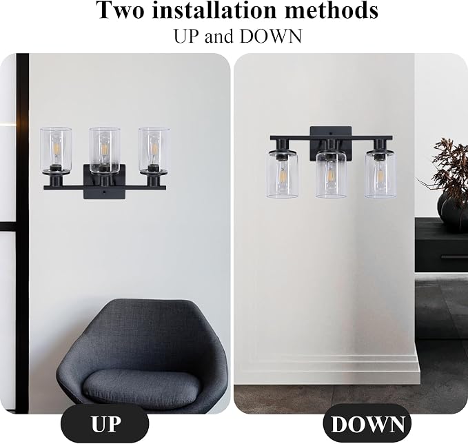 Matte Black Bathroom Light Fixtures Over Mirror,3-Light Bathroom Vanity Light with Clear Glass Shade,Modern Farmhouse Wall Sconces Lighting for Mirror Kitchen Living Room Cabinet
