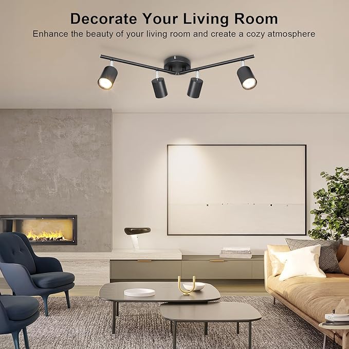 4-Light Track Lighting Fixtures Ceiling, GU10 Black Led Ceiling Spotlight, Modern Track Light Kit for Kitchen Hallway Living Room