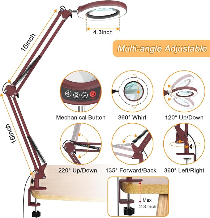 12X Large Magnifying Glass with Light and Clamp, Real Glass, 5 Color Modes, Stepless Dimmable, 2 x 16 Inch Adjustable Swing Arm Stand Desk Lamp, LED Lighted Magnifier Hands Free for Close Work - Red