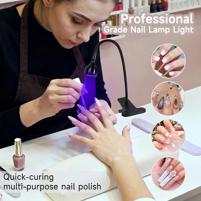 UV Nail Lamp - UV Light for Gel Nails, Flash Cure Lamp | LED Gooseneck Flash Cure Lamp for Nails, Manicure Dryer Black Light with Clamp, 365+395nm 5V 3W 4 Levels Dimming Black