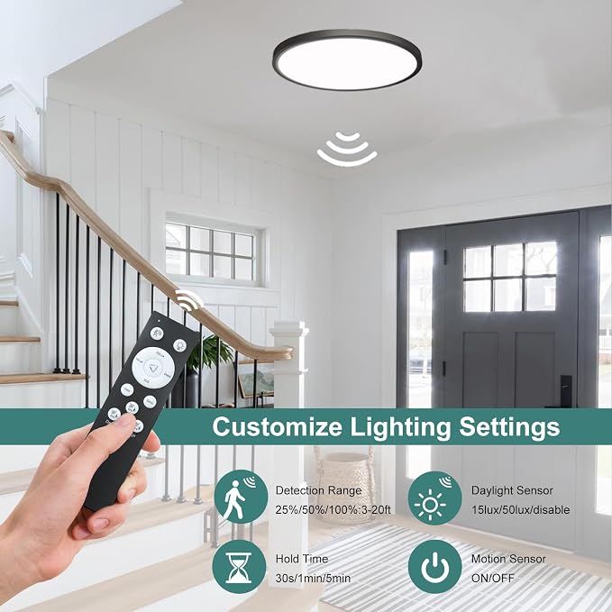 12in Motion Sensor Ceiling Light Indoor, 24W 2400LM, Black | Hardwired Flush Mount, Remote Dimmable, 3000K/4000K/6000K, Closet Hallway Porch Laundry Stairway Basement