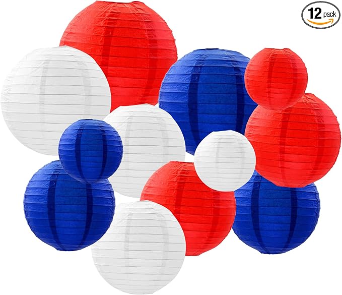 ZOOYOO Red Blue White Paper Lanterns,July 4th Party Round Hanging Paper Lanterns Decoration for Independence Day,Birthday,Wedding,Baby Shower,Memorial Day,Veterans Day,Home,Garden Decoration 12PCS