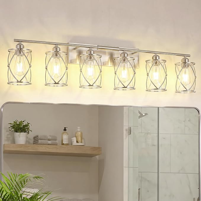 6-Light Brushed Nickel Bathroom Light Fixtures Over Mirror, 42" UL-Listed Modern Wall Sconce Lights with Clear Glass and Metal Cage for Bath, Hardwire E26, CH9176BN-6W