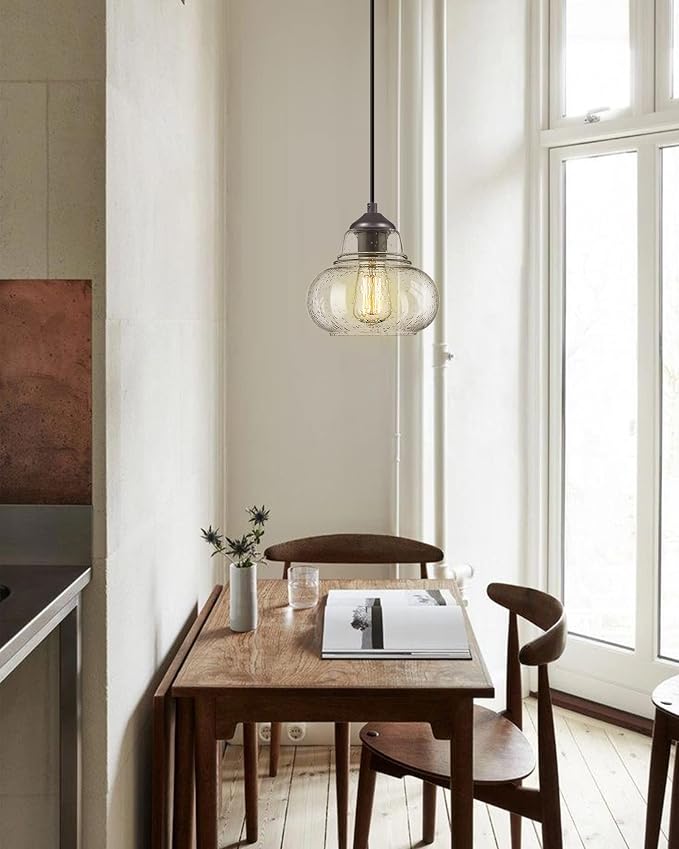 ELYONA 8 Inch Pendant Light Fixtures Seeded Bubble Glass Hanging Light Industrial Pendant Lighting for Kitchen Island Farmhouse Bar Bathroom Dining Room Oil Rubbed Bronze Finish
