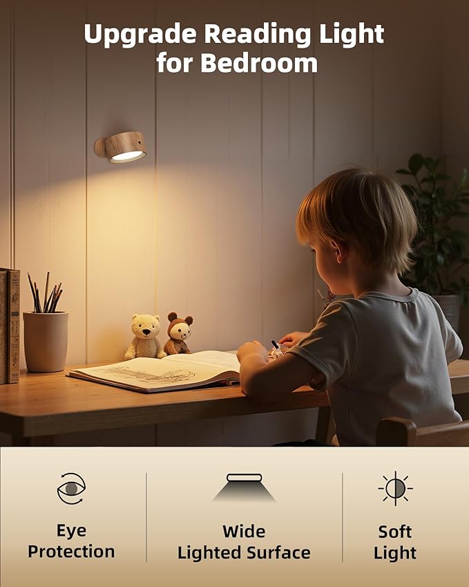LED Wall Mounted Lights, Rechargeable Wall Sconces, 3 Color Temps, Remote & Touch, 360° Rotating and Dimmable for Bedroom, Bedside & Reading (Wood, 3Pack)