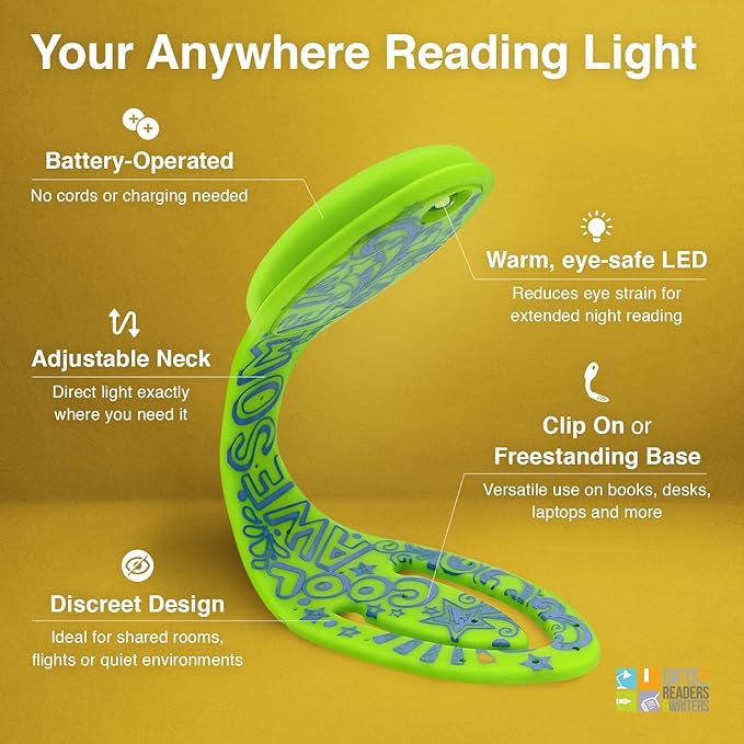 Gifts for Readers & Writers Book Light, Clip On Reading Light for Bed, 2in1 Flexilight & Bookmark, Small & Lightweight with a Soft Glow, 2 Batteries Included, Awesome
