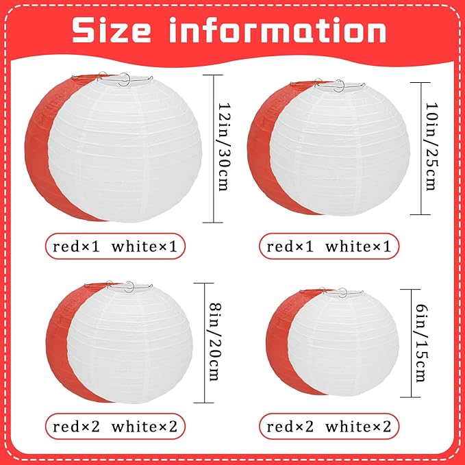 12Pcs Red and White Round Paper Lanterns Assorted Sizes (6" 8" 10" 12") for Lunar New Year 2026, Chinese New Year Decorations, Wedding Birthday Home Decor, Hanging Chinese Japanese Paper Lantern