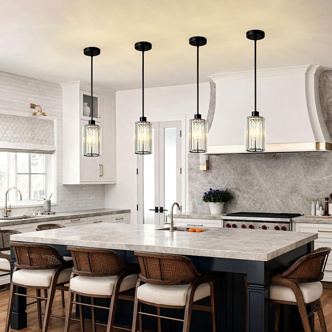 5.1" Mini Modern Black Crystal Kitchen Island Pendant Lights 2 Pack | Small Crystal Glass Shade, Sparkling Crystal Reflections, Customizable Hanging Height, Fits Most Ceilings, Matte Black Finish