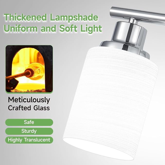 3-Light Chrome Vanity Lights for Mirror, Bathroom Light Fixtures with Textured Milky White Glass Shade, Modern Kitchen Light Fixtures Wall Sconce Light