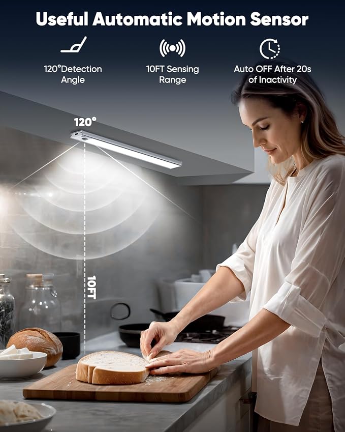 12'' Under Cabinet Lights, LED Rechargeable Battery Operated Motion Sensor Lights Indoor, 2500mAh Magnetic Wireless Closet Lights, Dimmable Under Counter Cupboard Night Light for Kitchen, Home, 5 Pack