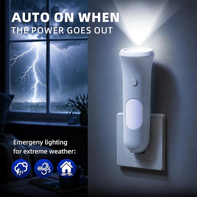 ROSSEX 4 in 1 Emergency Power Failure Lights for Home, 9 Pcs Rechargeable LED Flashlight, Automatic Turn-On Power Outage Light Plug in Wall for Snow Storm Weatheready, White
