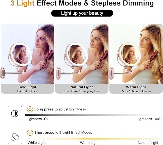 9" Wall Mounted Lighted Makeup Mirror,4000mAh Rechargeable Double Sided 1X/30X Magnifying Mirror with Light,Touch Dimmable,Extended Arm 360 Rotation Wall Mounted Makeup Mirror 3 Color Lights-gold