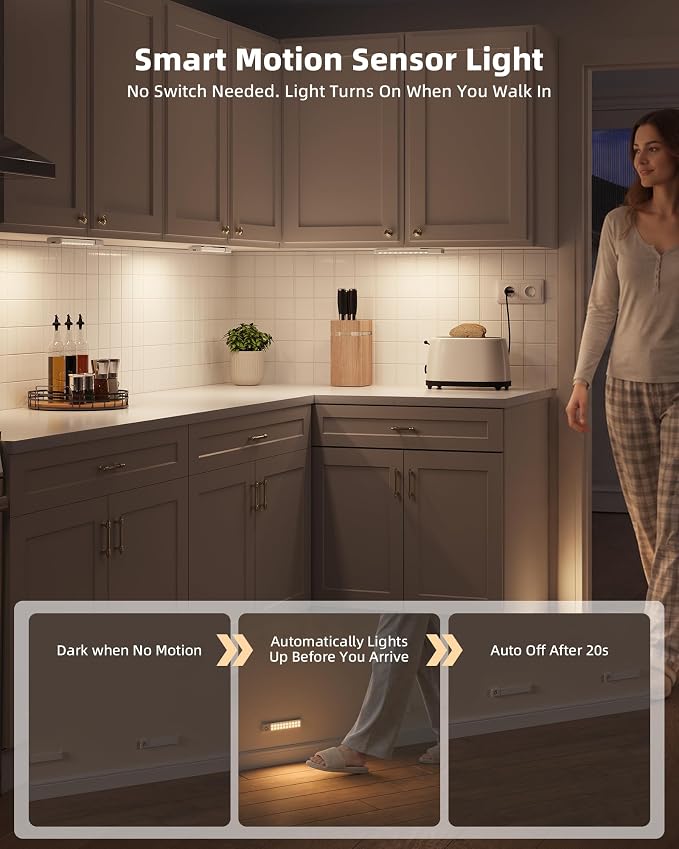 EZVALO Under Cabinet Lighting with Charging Station, 8 inch Motion Sensor Light Indoor, 1100mAh Rechargeable LED Light, 3 Color Temperatures, Dimmable Counter Lights for Kitchen, Closet, Stair (3Pack)