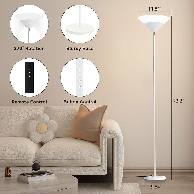 Torchiere Floor Lamp, 30W Dimmable LED Standing Lamp with Remote/Button Control, 1800Lm, 3000-6500K, 72in Bright Standing Pole Light for Living Room Bedroom Office Corner, White