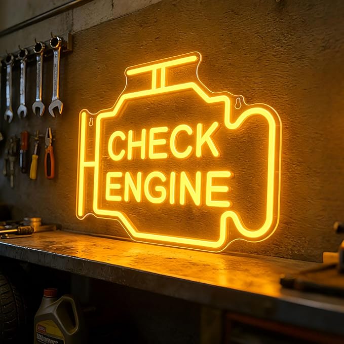 Check Engine Neon Signs for Wall Decor, Garage Led Neon Light Sign for Man Cave Decor, Funny Gifts for Dad & Car Guys, Mechanics, Auto Repair Shop, Workshop, Garage Decor, USB Powered