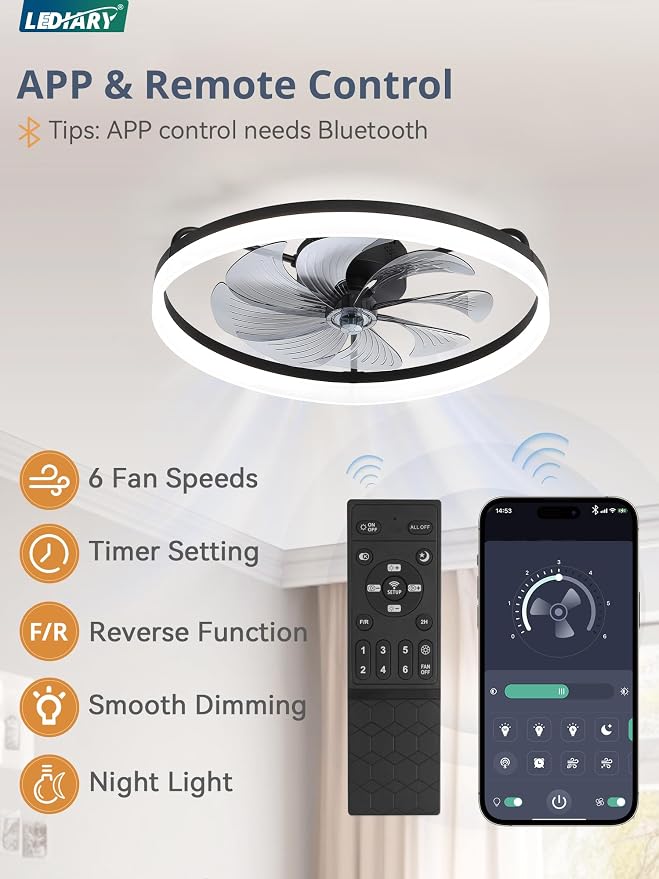 LEDIARY 23" Low Profile Ceiling Fans with Lights, APP & Remote, Black | Flush Mount, Dimmable LED, Quiet DC Motor, Reversible, 6 Speeds, Fandelier, for Bedroom