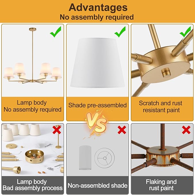 36" Gold Dining Room Light Fixture, No Assembly Required 6-Lights Kitchen Chandelier for Dining Room with White Fabric Shade, Chandelier Ceiling Light Fixture for Kitchen Island Bulb Not Included